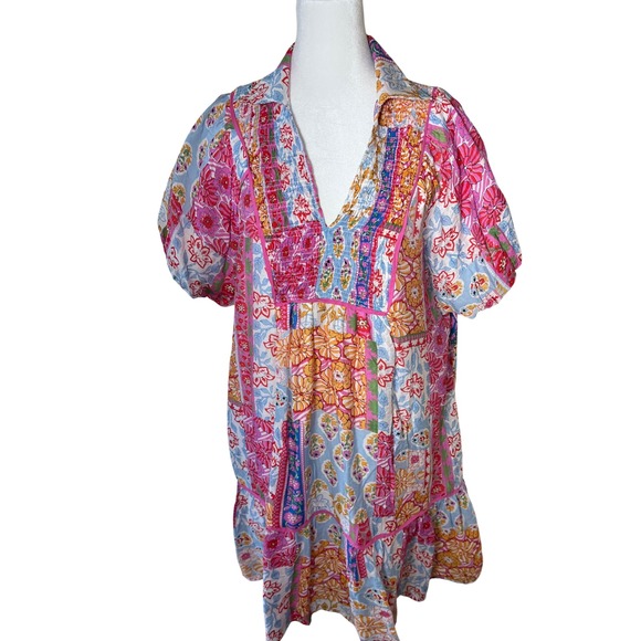 Umgee Dresses & Skirts - Umgee Womens Patchwork Floral Smocked V-Neck Mini Dress Pink Blue Orange Large